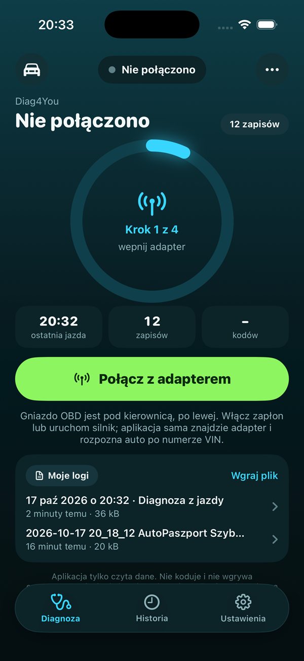 Ekran Podłącz: krok 1 z 4, przycisk Połącz z adapterem